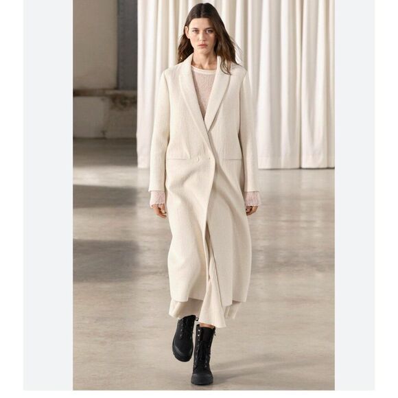 Zara Jackets & Blazers - Zara Womans Long Wool Coat Size L Large Winter White Textured 8605/770 NWT